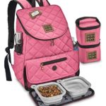 Dog Travel Bag – Deluxe Quilted Weekender Backpack – Includes Lined Food Carriers and Collapsible Bowls (Pink)