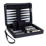 Compact Travel Magnetic Backgammon with Carrying Strap – Black with Grey Stripe