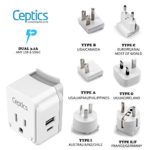 World Travel Plug Adapter Set by Ceptics, Safe Dual USB & USB-C 3.1A – 2 USA Socket – Compact & Powerful – Use in Europe, Asia, Australia, Japan – Includes Type A, B, C, E/F, G, I Swadapt Attachments