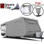 RVMasking 5-ply Top Travel Trailer RV Cover, Fits 28’7″ – 31’6″ RVs – Breathable Waterproof Anti-UV Ripstop Camper Cover with 15 PCS Windproof Buckles & Tongue Jack Cover