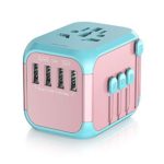 SAUNORCH Universal International Travel Adapter Accessories, International Power Adapter W/ 3.4A 4XUSB Wall Charger, European Plug Adapter Converter for Europe UK EU US CA AU Italy Asia -Pink