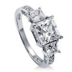 BERRICLE Rhodium Plated Sterling Silver Princess Cut Cubic Zirconia CZ 3-Stone Anniversary Engagement Ring 3.13 CTW