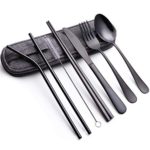 Portable Stainless Steel Flatware Set, Travel Camping Cutlery Set, Portable Utensil Travel Silverware Dinnerware Set with a Waterproof Case (8-pieces flatware set black)