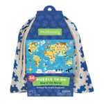 Mudpuppy Map of the World Puzzle To Go, 36 Pieces, 12″x9″ – Kids Ages 3+ – Colorful Map with Illustrations of Iconic Landmarks – Packaged in Travel-Friendly Drawstring Fabric Pouch -Perfect for Planes