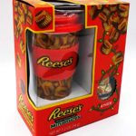 Reese’s Peanut Butter Cups Miniatures – Milk Chocolate Covered Peanut Butter Cups Holiday Gift Set Ceramic Travel Mug with Silicone Band & Lid – 1.2 oz