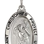 Sterling Silver Oval Saint Christopher Medal Necklace with Rhodium Plated Stainless Steel Chain, 20″