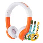 ONANOFF BuddyPhones Explore Foldable, Volume-Limiting Kids Headphones with Travel Bag, Built-in Audio Sharing Cable with Mic, Compatible with Fire, iPad, iPhone, and Android Devices, Orange