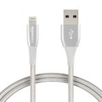 AmazonBasics Double Nylon Braided USB A Cable with Lightning Connector, Premium Collection, MFi Certified iPhone Charger, 3 Foot, 2 Pack, Silver