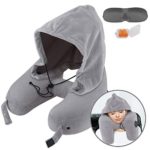 Neck Pillow Inflatable Travel Pillow Comfortably Supports The Head, Neck and Chin, Airplane Pillow with Soft Velour Cover, Hat, Portable Drawstring Bag, 3D Eye Mask and Earplugs (Grey)