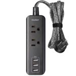 Travel Power Strip with 3 Charging USB Ports(3.1A, 15W) and 2 Outlets, Desktop Charging Station with 5 Foot Braided Extension Cord, Flat Plug, Portable for Hotel, Cruise Ship, Home and Office
