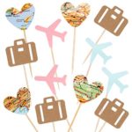 Newqueen 24 Pack Travel Cupcake Toppers Pink and Blue Map Luggage Airplane Cupcake Decoration Picks for Travel Theme Baby Shower Birthday Party Supplies