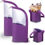 Travel Make-up Brush Holder Organizer Bag 2-Pack, Pencil Pen Case for Desk, Clear Plastic Cosmetic Zipper Pouch, Portable Waterproof Dust-Free Stand-Up Small Toiletry Stationery Bag Divider, Purple