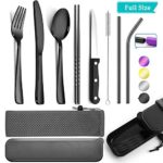 Reusable Utensils with Case – Travel Utensils – Black Portable Flatware Stainless Set with Case and Straw, Straight Straw, Knife, Fork, Spoon (Black)