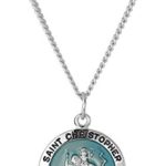 Men’s Sterling Silver Round St. Christopher Pendant with Blue Background and Rhodium Plated Stainless Steel Chain, 20″