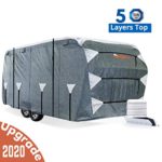 KING BIRD Upgraded Travel Trailer RV Cover, Extra-Thick 5 Layers Anti-UV Top Panel, Deluxe Camper Cover, Fits 20′- 22′ RV Cover -Breathable, Water-Repellent, Rip-Stop with 2Pcs Straps & 4 Tire Covers
