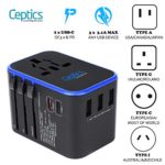 World International Travel Plug Adapter by Ceptics – Powerful 33.5W with Pd & QC 3.0 Dual USB-C Power – 3 USB Ports Wall Charger Type I C G A Outlets 110V 220V A/C – EU Euro US UK (11-KU)