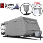 RVMasking Heavy Duty 5 Layers Top Travel Trailer RV Cover, Fits 20′ – 22′ RVs – Breathable Waterproof Anti-UV Ripstop Camper Cover with 12 PCS Windproof Buckles & Tongue Jack Cover