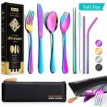 Reusable Utensils with Case – Travel Utensils – Portable Flatware Stainless Set with Waterproof Case and Straw, Knife, Fork, Spoon, Spork (Rainbow, Full size)