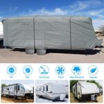 RVMasking Upgraded Waterproof & Windproof Travel Trailer RV Cover Camper Cover 22’1 – 24′ – 6 Layers Top Prevent Top Tearing Caused by Sun Exposure with 4 Tire Covers Tongue Jack Cover