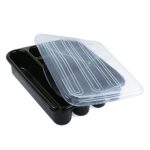 Flatware Plastic Tray with Lid, Kitchen Cutlery and Utensil Holder Organizer, 5 Compartment Silverware Storage Bin with Cover Top, Black