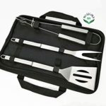 NewlineNY Stainless Steel BBQ Grill Tool Kit 3 PCS Set : Tong, Meat Fork, Spatula + Black Carrying Bag for Picnic Camping Travel Cooking Grilling