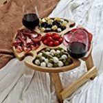 FXforer Outdoor Folding PicnicTable,Portable Wine Table Wooden Beach Table,Round Table Wine Glass Rack Collapsible Table for Garden Travel Picnic Party Camping Wedding