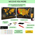 Scratch Off World Map Poster – 17×24 Inches – Bonus United States Map with Detailed Outlined States, Flags, Capitals, Populations, Landmarks, Time Zones – Full Accessories Set & Name-tag Gift Box