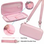 BRHE Pink Travel Carrying Case Accessories Kit for Switch Lite, Hard Protective Cover Skin Shell with Stand, Glass Screen Protector, Thumb Grip Caps 9 in 1