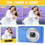 Digital Camera, Lecran FHD 1080P 36.0 Mega Pixels Vlogging Camera with 16X Digital Zoom, LCD Screen, Compact Portable Mini Cameras for Students, Teens, Kids (Blue)