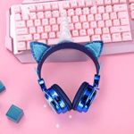 FLOKYU Wireless Kids Headphones Bluetooth Unicorn Headphones with Microphone for Boys Girls 85dB Cute Cat Ear Auto Color-Changing LED Light up Wireless Headsets for School Travel Party (Blue-Unicorn)