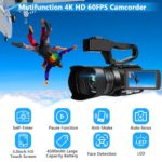Video Camera 4K HD Auto Focus Camcorder 48MP 60FPS 30X Digital Zoom Camera for YouTube LED Function 4500mAh Battery with Handheld Stabilizer, Remote Control,Microphone and 64G SD Card
