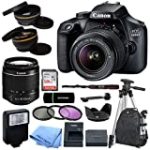 Canon EOS 4000D / Rebel T100 DSLR Camera with EF-S 18-55mm Zoom Lens + SanDisk 128GB Memory Card + Tripod + Case + Wideangle Lenses + Rtech Digital Cloth (20pc Bundle)