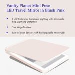 Vanity Planet Mini Pose LED Travel Mirror – 3 LED Colors for Consistent Lighting with Dimmable Ring Light – Built-in Touch Sensors with Rechargeable Micro-USB