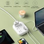 European Travel Plug Adapter with USB C,ROOTOMA Outlet Converter US to Europe 3 Outlets 3 USB Ports,International Power Strip for EU Spain France Germany Iceland Greece Israel 3 Ft White