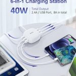 40W Mini USB Charging Station 8A, SUPERDANNY 6-Port Wall Charger for Multiple Devices, Desktop USB Charging Hub with 4ft Cable, Compatible with iPhone, iPad, Galaxy, Pixel, for Travel, Cruise, White