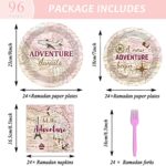 96 PCS Adventure World Awaits Party Decorations Exploring Travel Tableware Set Adventure Dessert Plates Bon Voyage Travel Napkins Forks for 24 Guests Birthday Table Disposable Party Supplies Favors