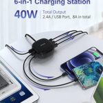 6-Port USB Charging Station 40W 8A, SUPERDANNY Mini USB Charger for Multiple Devices, 4ft Desktop USB Charging Hub Compatible with iPhone, iPad, Galaxy, Pixel, for Travel, Cruise, Black