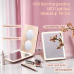 Leishe Lighted Makeup Vanity Mirror with Magnification for Travel, Large Portable Cosmetic Beauty Mirror with 80 LED Lights 3X 5X Magnifying Mirror Automatic Modes (Rose Gold)