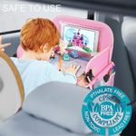 Kids Travel Tray for Toddler Car Seat, MENZOKE Lap Tray for Girl Activities with Dry Erase Board & Cooler Cup Holder, Road Trip Essentials Accessories with No-Drop Large Tablet iPad Holder Stand,Pink