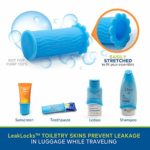 LeakLocks® Toiletry Skins™ 4 pak Elastic Sleeve for Leak Proofing Travel Container in Luggage. For Standard and Travel Sized Toiletries. Reusable Accessory for Travel Bag Suitcase and Carry-on Luggage