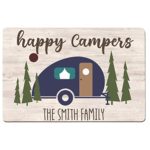 Personalized Happy Campers RV Doormat – Custom Family Name Camping Tent Door Mat, 5th Wheel Accessories for Inside Outside, Campsite Decorations for Travel Trailers, Funny Gift Welcome Motorhome Rugs