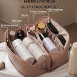 Large-Capacity Travel Cosmetic Bag,Makeup Bag,Waterproof Portable PU Leather Makeup Organizer Bag with Dividers and Handle (Pink)