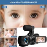 4K Video Camera Camcorder 48MP 60FPS Camcorder Auto Focus 30X WiFi Vlogging Camera for YouTube,Webcam Video Camcorder with Microphone,Remote Control,LED Fill Light and SD Card