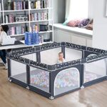 Baby Playpen, ANGELBLISS Playpen for Babies and Toddlers, Extra Large Play Yard with Gate, Indoor & Outdoor Kids Safety Play Pen Area with 3 Plush Toys, Star Print (Dark Grey, 71″×59″)