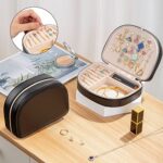 ProCase Travel Size Jewelry Box, Small Portable Seashell-Shaped Jewelry Case, 2 Layer Mini Jewelry Organizer in PU Leather, Earring Necklace Bracelet Ring Holder Box for Women Girl -Black