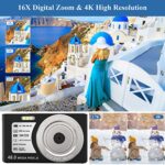 4K Digital Camera 48 MP Camera with 32GB SD Card, 16x Digital Zoom and Autofocus Compact Camera (2 Batteries)