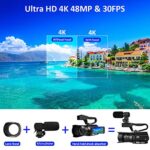 4K Video Camera Camcorder, Camcorder Kit Bundle HD Camera YouTube Vlogging 48MP 60FPS WiFi Auto Focus 3″ Touch Screen 30X Digital Zoom with Lens Hood, Microphone, 64G SD Card, and 2.4G Remote Control