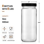 [ 8 Pack ] Glass Juicing Bottles with 2 Straws & 2 Lids w Hole- 16 OZ Travel Drinking Jars, Water Cups with Black Airtight Lids, Reusable Tall Mason Jar for Juice, Boba, Smoothie, Tea, Kombucha