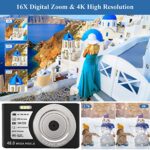 4K Digital Camera 48MP Compact Camera Autofocus 16X Digital Zoom Portable Camera for Boys, Girls,Adult,Beginners (with 32GB SD Card and 2 Batteries)