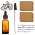 12 Pack, 2 oz Glass Dropper Bottle with 3 Stainless Steel Funnels & 1 Long Glass Dropper – 60ml Amber Glass Tincture Bottles with Eye Droppers for Essential Oils, Liquids – Leakproof Travel Bottles